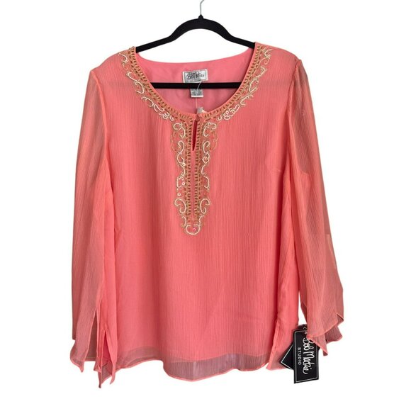 Bob Mackie Studio Coral Beaded Silk Blouse Size 16 Long Sleeve Top NWT - Picture 1 of 6